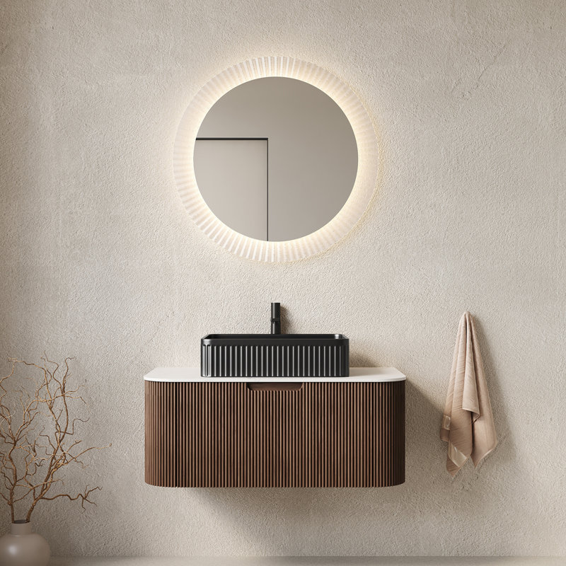 Meuble-lavabo de salle de bain 36 po avec lavabo, armoire de rangement de salle de bain à bordures flottantes et courbes avec tiroir, lavabo rectangulaire en céramique noire, sans robinet