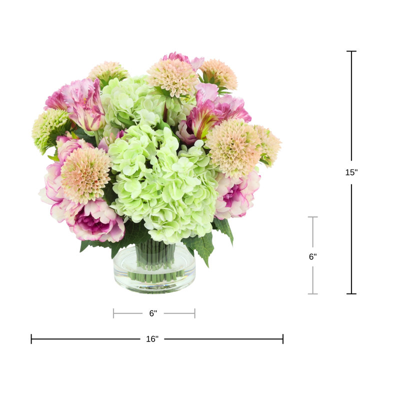 Hydrangeas, Peonies and Tulips Arranged in a Glass Vase