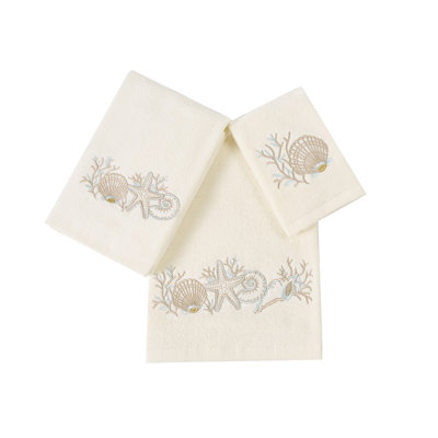 Home Premium Luxury Decor Ultra Soft 100% Cotton Towels Woven Embroidered Bathroom Modern 3 Piece Bath hand Towel Set, Seashell and Starfish with Ivory Base Pattern