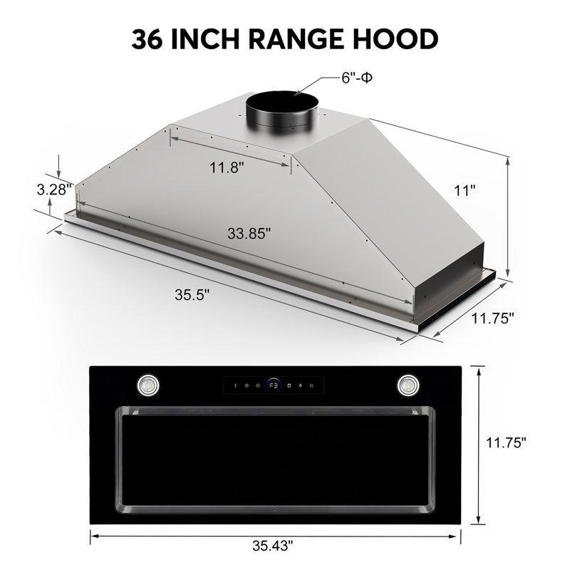 Convertible Insert Range Hood 900 CFM 4 Speeds Adjustable With 2-3-watt LED lights, 36"