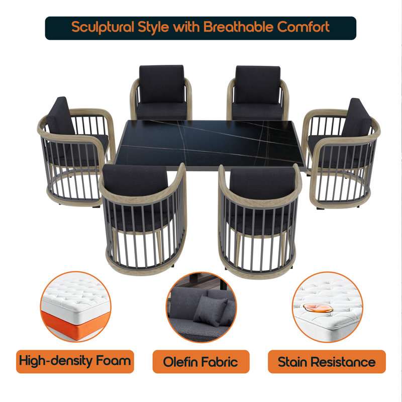 Klyra 7-Piece Outdoor Aluminum Dining Set – Modern Rectangular Table with 6 Armchairs, Weather-Resistant, for Patio, Backyard, Deck, or Garden