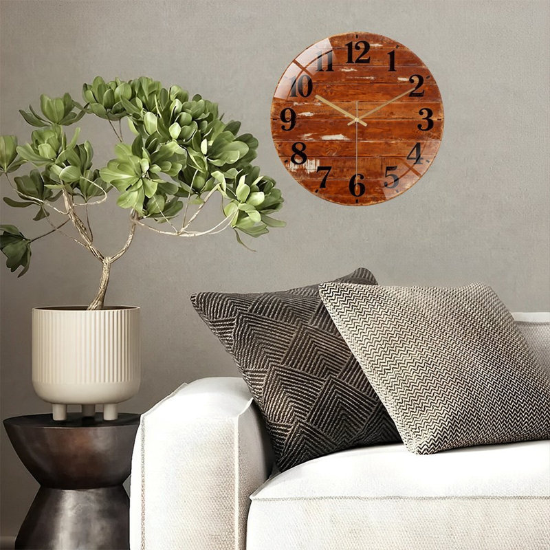 Horloge murale 12 po ronde en verre trempé avec mouvement à quartz silencieux, Brun délavé