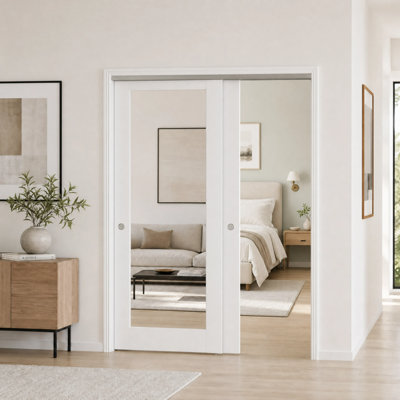 Bypass Sliding Interior Doors,2 MDF Slab Doors with Full Lite Mirror Glass and Aluminum Hardware Kit