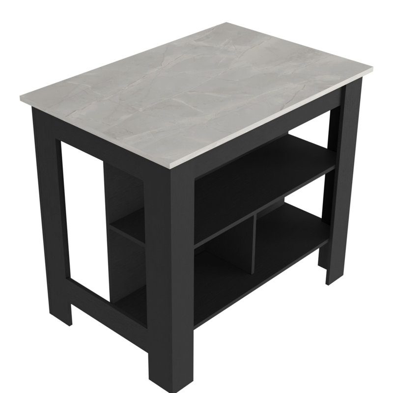 Îlot de cuisine à surface antibactérienne Brooklyn, trois tablettes dissimulées, Noir / blanc