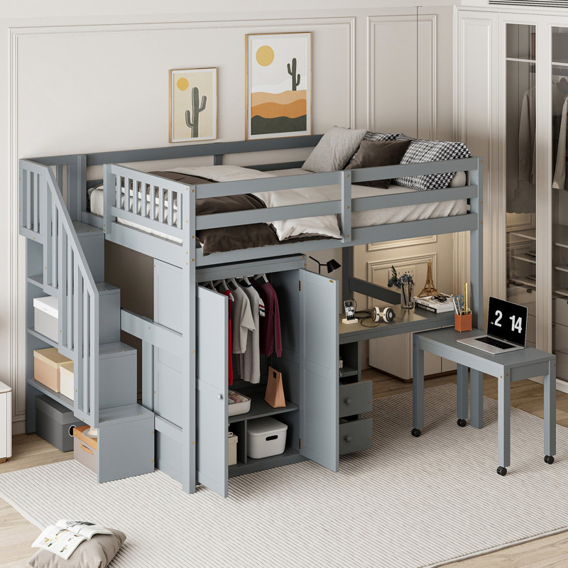 Loft Bed With Stairs, Drawers, Desk And Wardrobe, Grey
