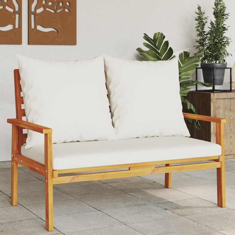  Banc de canapé de patio 47,2 po avec coussin en bois d'acacia massif, Blanc, crème