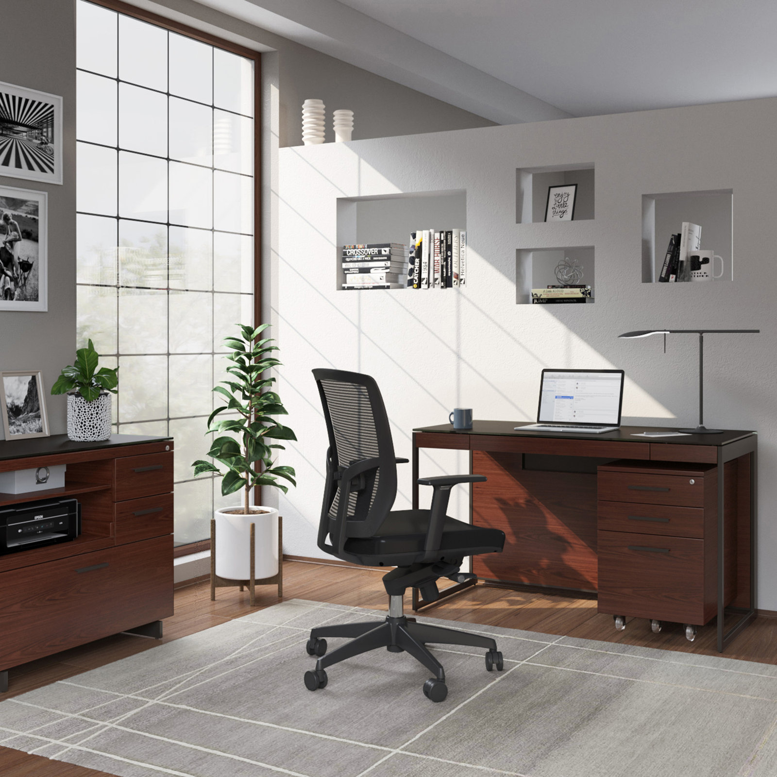 Sequel 20 Writing Desk, 24.75" H x 48" W x 24" D, Chocolate Stained Walnut/Black