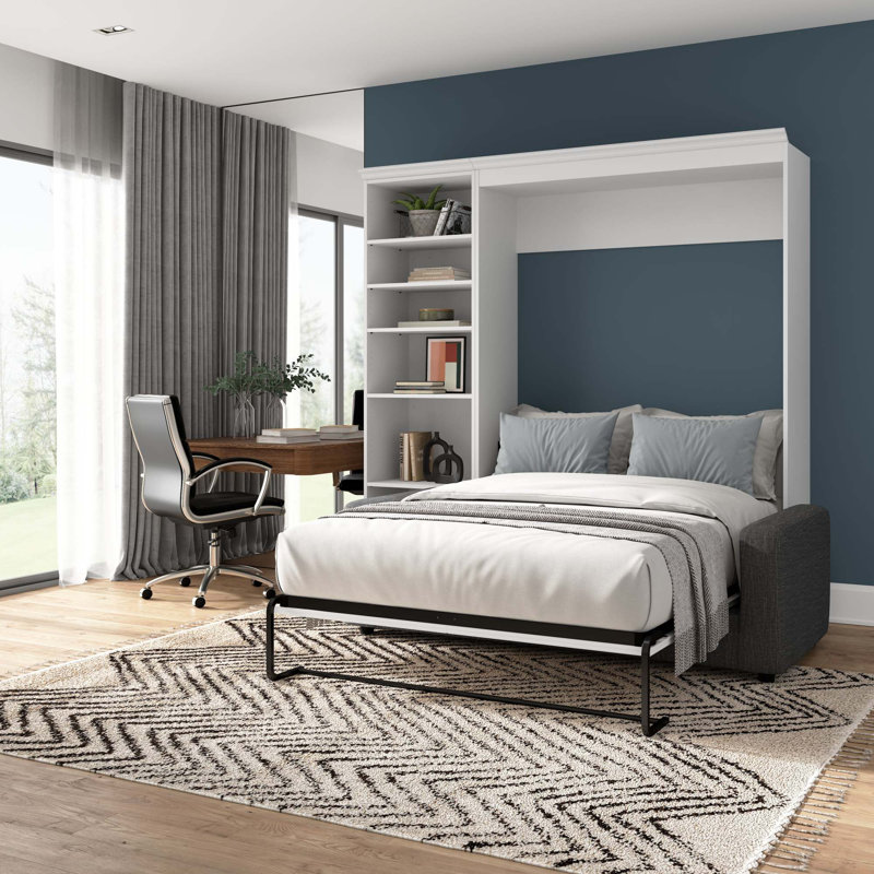 Lit escamotable avec rangement Alvaretta, Blanc / Gris, Double