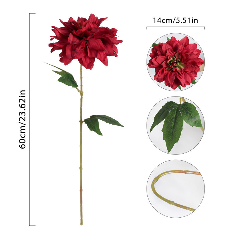 6 fleurs artificielles de dahlia, 23,62 po, Rouge
