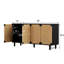 Buffet tissé à la main en ruppie maritime, pieds en bois de pin massif, noir classique, rangement à quatre tablettes, idéal pour les cinq assiettes décoratives