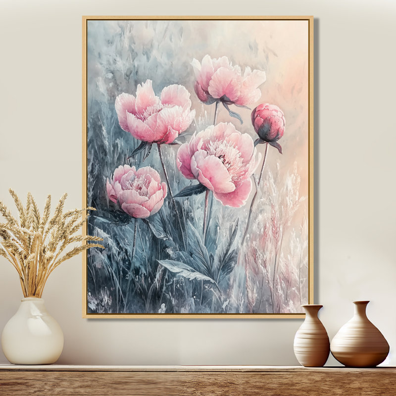 «Frosty Field Peony Elegance I», art mural sur toile, H 20 po x l 12 po, Reproduction avec cadre flottant, Crème, crème