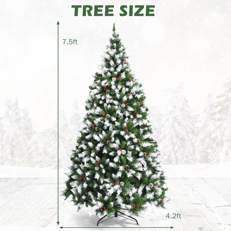 Arbre de Noël vert floqué en PVC artificiel avec 8 modes d'éclairage DEL et pommes de pin, 7,5 pi