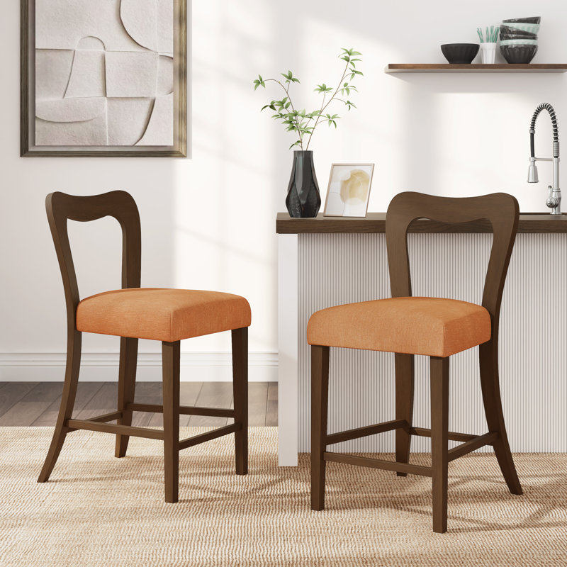 Coen 25.5" Seat Height Rubberwood Counter Stools With Curved Back, Caramel Cushion/Walnut Frame