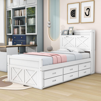 3 Drawer Wood Platform Bed with Storage Headboard and Trundle
