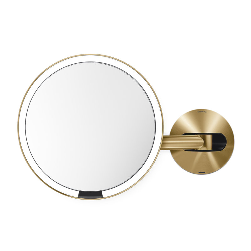 Simplehuman 8" Round Wall Mount Sensor Makeup Mirror, 5X Magnification, Hard-Wired, Stainless Steel, Brass