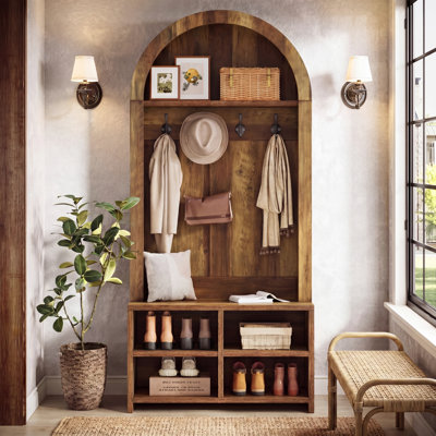 4-in-1 Hall Tree with Bench and Shoe Storage, 70.87" H Arched Coat Rack with Shoe Storage Bench, 4 Hooks & Storage Cubbies, for Mudroom, Hallway