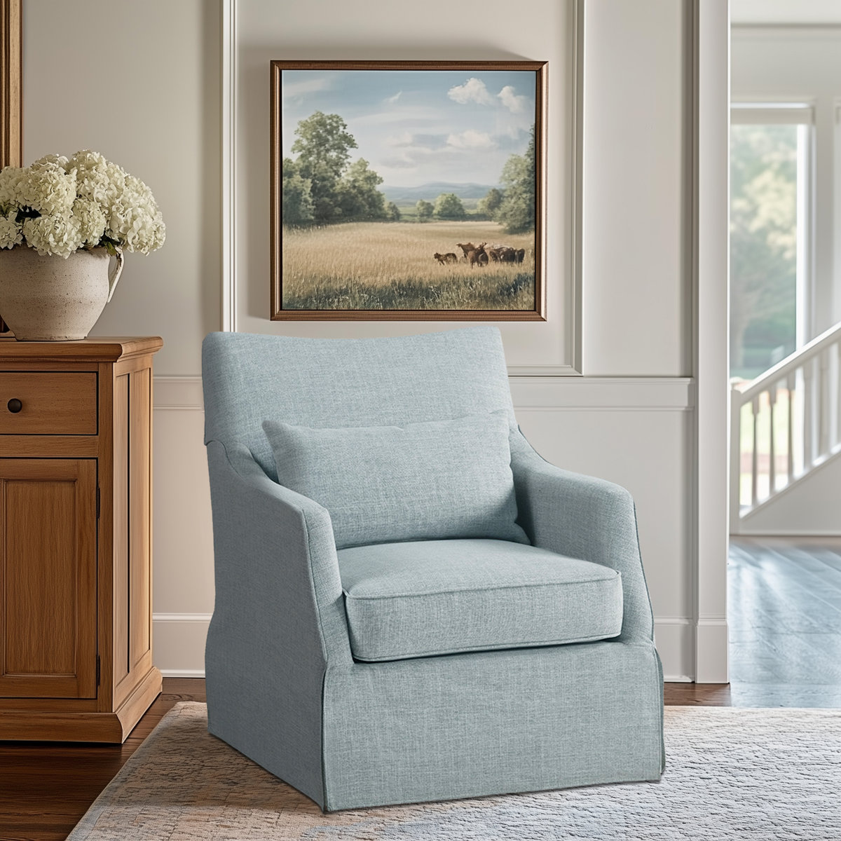 Bedford London Upholstered Skirted Swivel Armchair with Lumbar Pillow
