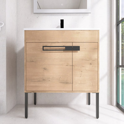 Meuble-lavabo de 30 po avec lavabo en céramique blanc et 2 portes d'armoire à fermeture en douceur, autoportant ou flottant en option