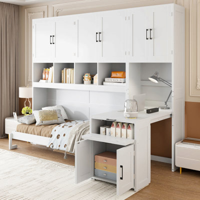 Lit escamotable simple avec placard, tiroirs et bureau