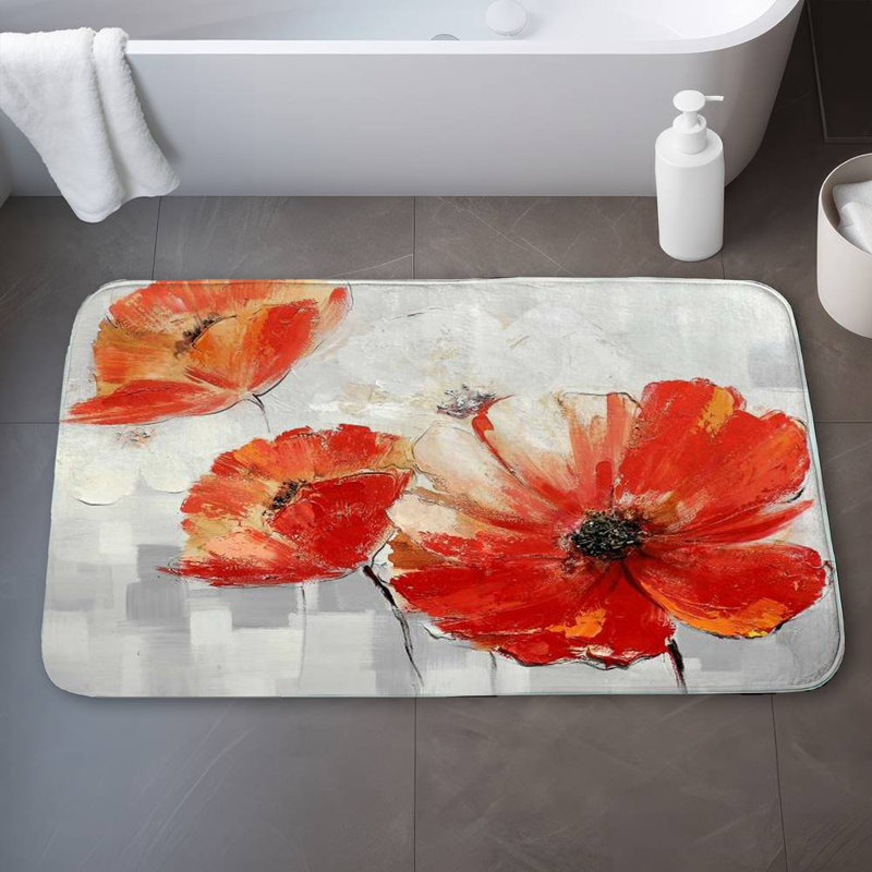 Abstract red wild flowers Bath Mat with Non-Slip Backing - Quick Dry Memory Foam Bathroom Rug - Absorbent - Modern Plush Spa-Style - Machine Washable