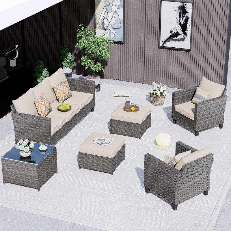 Ensemble de conversation d'extérieur pour 6 personnes avec coussins, Beige