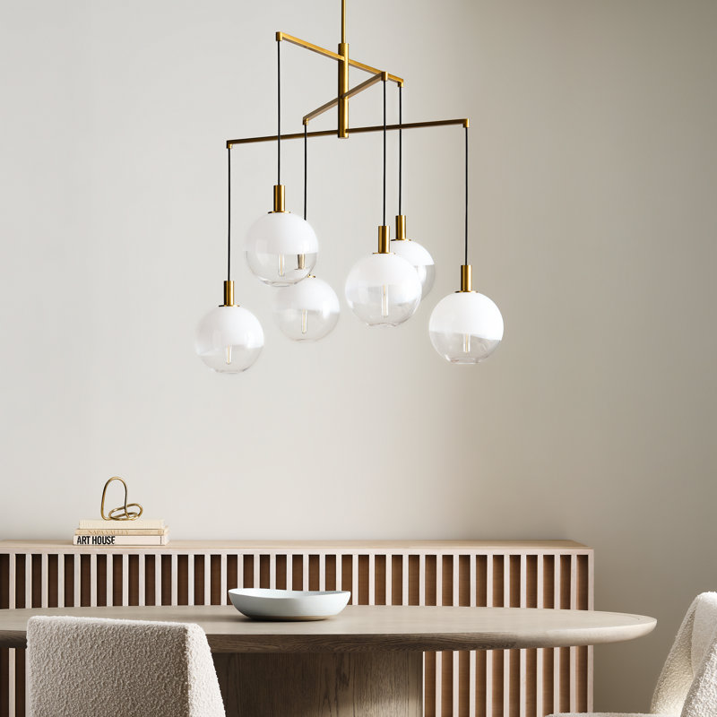 Sean Lavin Torian Dining Room Chandelier With Milk Clear Glass Mix Shade, 6 Lights, Burnished Brass
