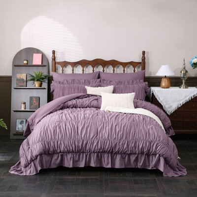 Purple Ruffle Comforter Set ,Ruched Boho Bedding 9 Pcs Bed-in-a-Bag,Luxury Bedding Set with Sheet,Quilt Set Soft Fluffy Vintage Comforter for Room Decor All Season