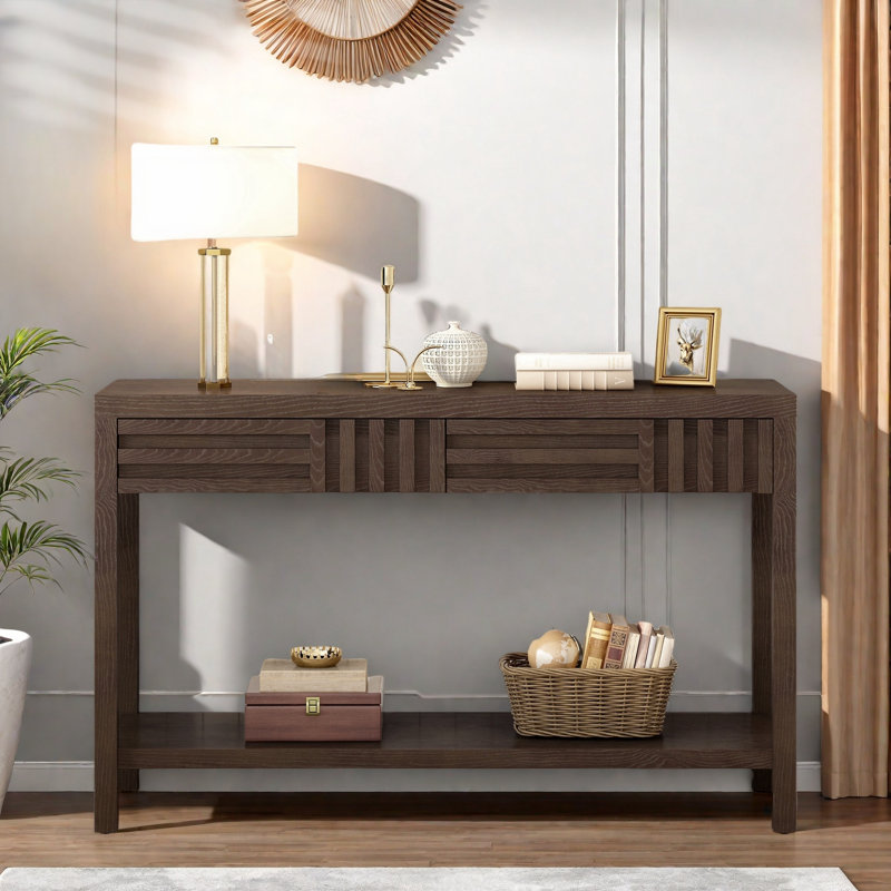 Modern Console Table With Striped Design, 2 Drawers And 2-tier Design, Brown