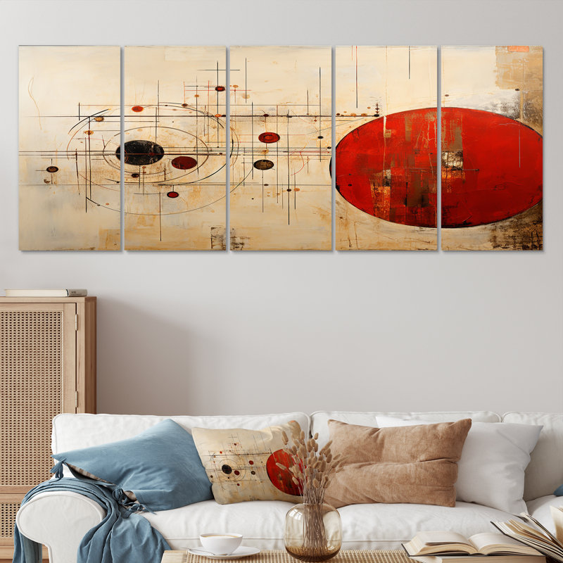 Lune rouge mercure rétro - art mural abstrait paysage 5 pièces, H 32 po x l 80 po