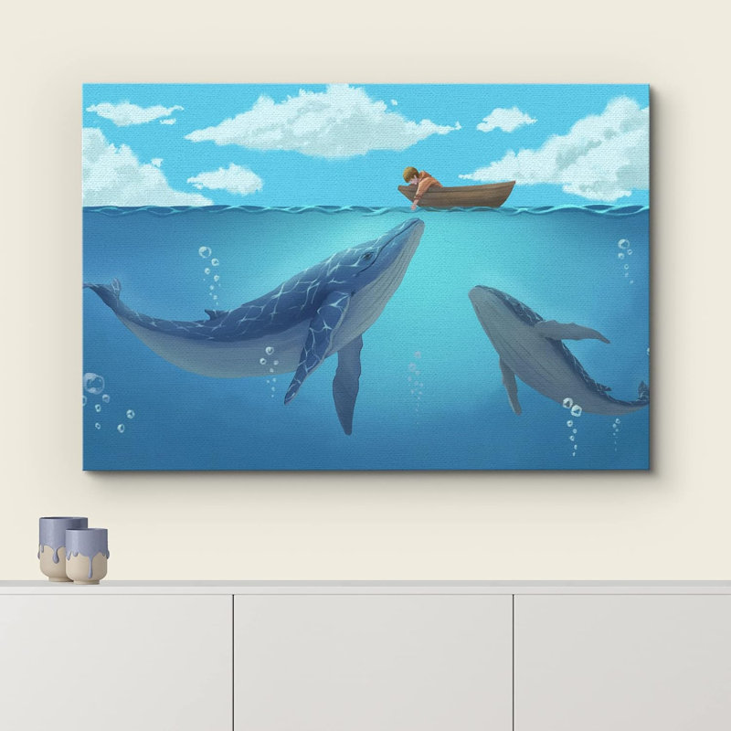 Nautical Animals " Hand Drawing Style Mystical Boy In The Boat On The Ocean With Blue Whales ", Wrapped Canvas