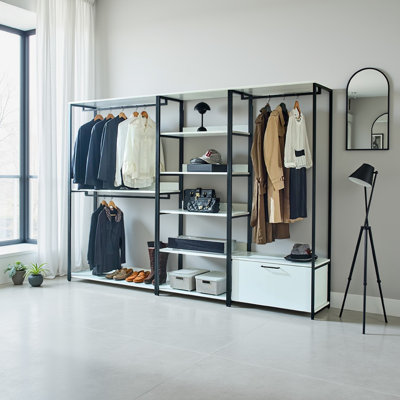 Cox Modular Wide Closet System, 3 Hanging Rods, 8 Shelves, Black Metal
