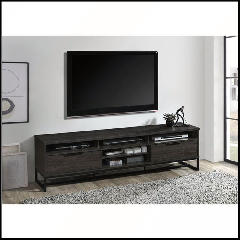Meuble télé en bois de 71 pouces (180 cm) avec 5 tablettes et 2 tiroirs, idéal pour les téléviseurs de 70 et 80 pouces (178 à 203 cm).