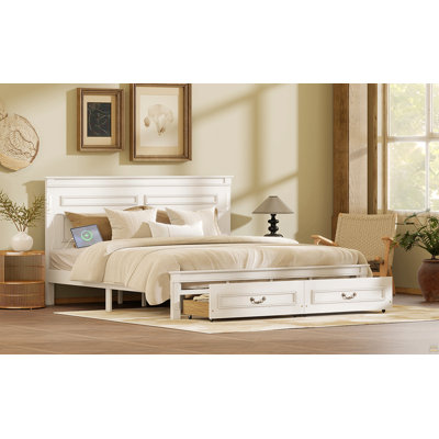 Lit très grand lit avec tête et pied de lit à grand panneau, 2 tiroirs de rangement, lumières DEL intégrées, station de charge USB, lit en bois de pin avec cadre de lit renforcé, blanc