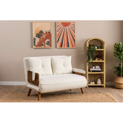 Modern 2-Seat Sofa-Bed, White, 30.7 x 47.2 x 32.3 Inches | 100% Metal Frame & Wooden Arms, 14-Level Adjustable Back | Converts to Bed: 74.8 x 47.2 Inches | Stylish & Functional for Small Spaces, Comfortable & Versatile Design