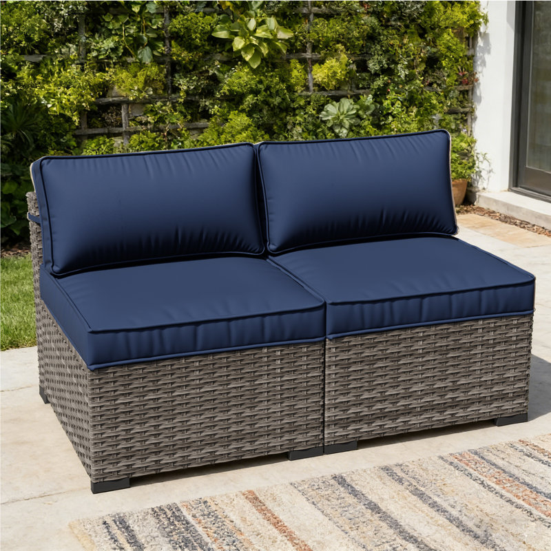 2-Person Outdoor Wicker Armless Corner Chair with Cushions, Blue