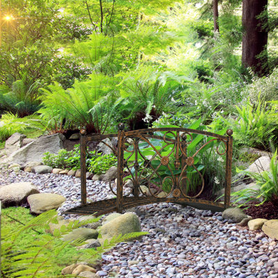 3.3FT Metal Arch Zen Garden Bridge with Safety Siderails, Decorative Footbridge, Delicate Floral Scrollwork for Stream, Fish Pond, Brown