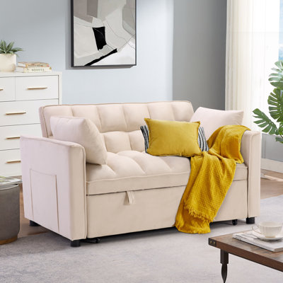 55.2'' Wide Modern Convertible Upholstered Tufted Sofa Bed With Two Accent Pillows