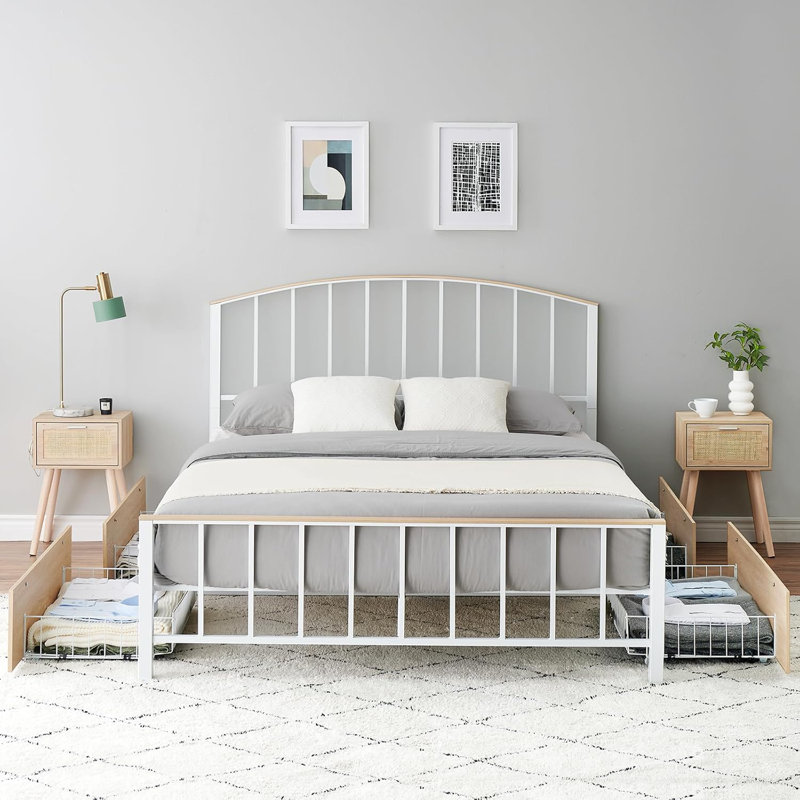 Full Size Bed Frame with 4 Storage Drawers, Platform Bed Frame with Headboard & Footboard, Mattress Foundation with Steel Slats Support, No Box Spring Needed, White