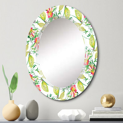 Fleurs rouges avec feuilles vertes - Miroir mural à motif ovale