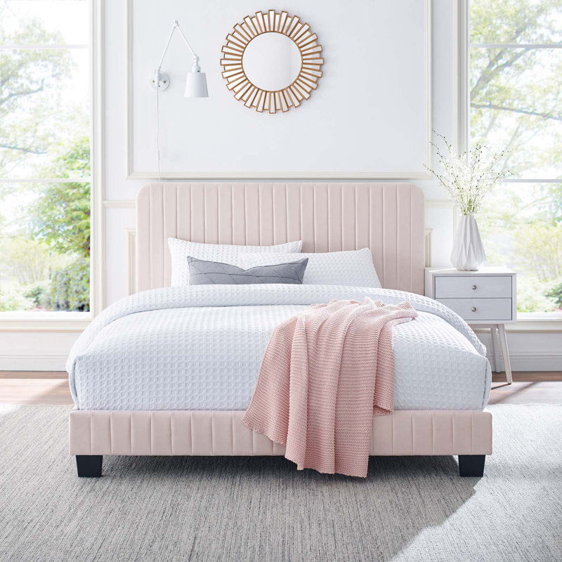 Celine Channel Tufted Performance Velvet Platform Bed, Pink, Full / Double