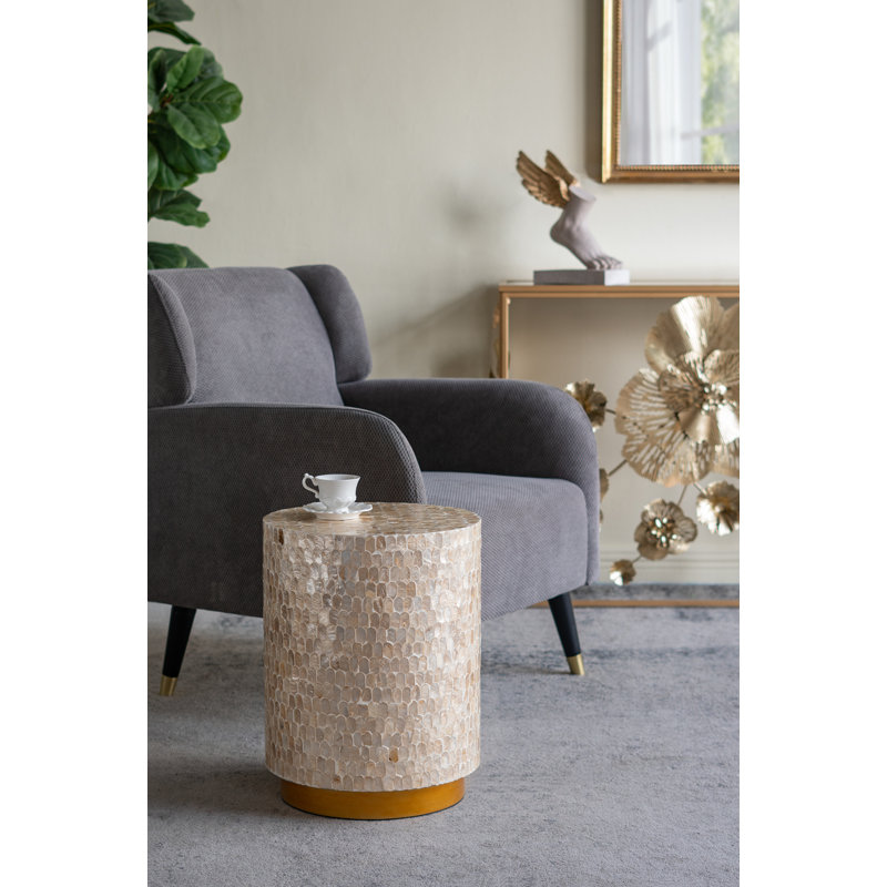 Cylindrical Accent Stool with Capiz Shell Inlay and Decorative Pedestal Base