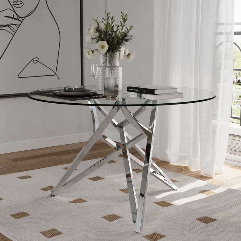 47 Inch Round Glass Top Metal Base Dining Table, Silver