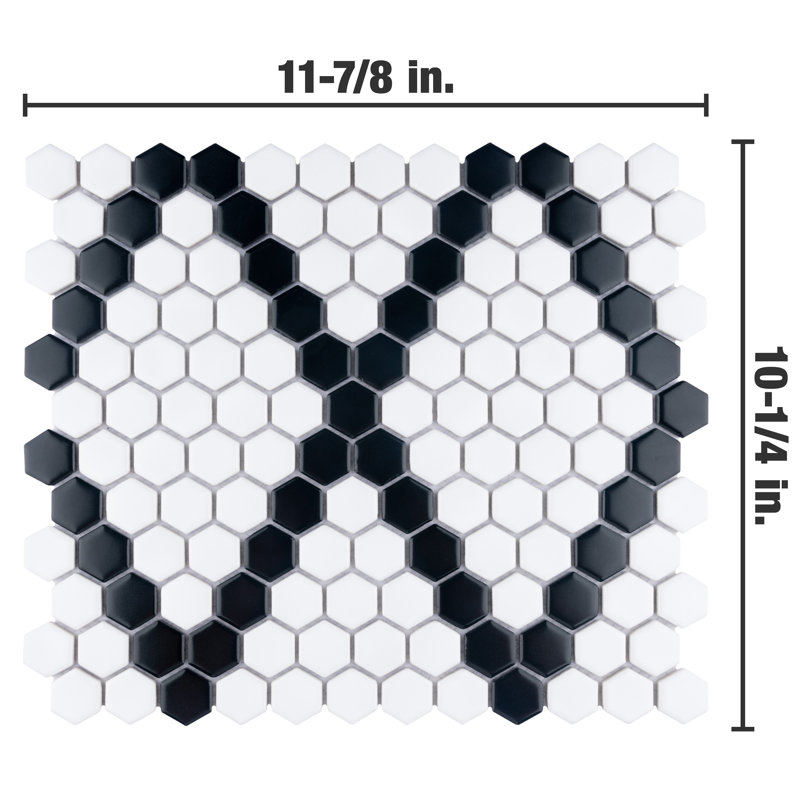Metro 1" Hex Matte White with Black Diamond 10-1/4" x 11-7/8" Porcelain Mosaic Tile