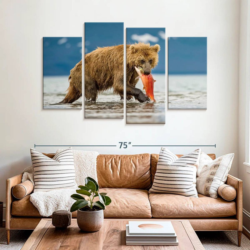 Grizzly de Brampt mangeant du saumon, H 42 po x l 68 po