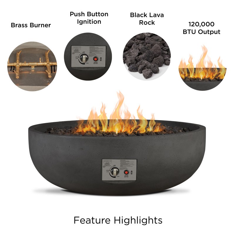 Carson 38" Round Concrete Propane Fire Pit in Carbon by Jensen Co., 14.5" H x 38" W x 38" D, Liquid Propane, Black