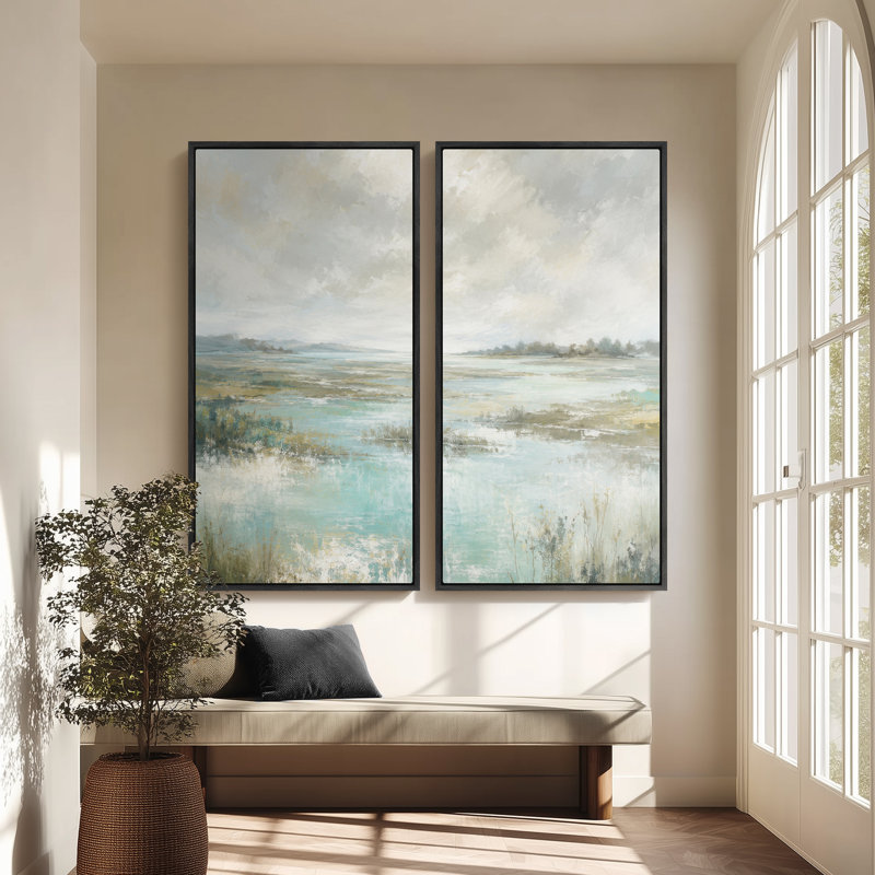 Paysage de marais côtier bleu turquoise – Ensemble de 2 impressions d'art encadrées sur toile 60"x20"x2, 60"x30"x2
