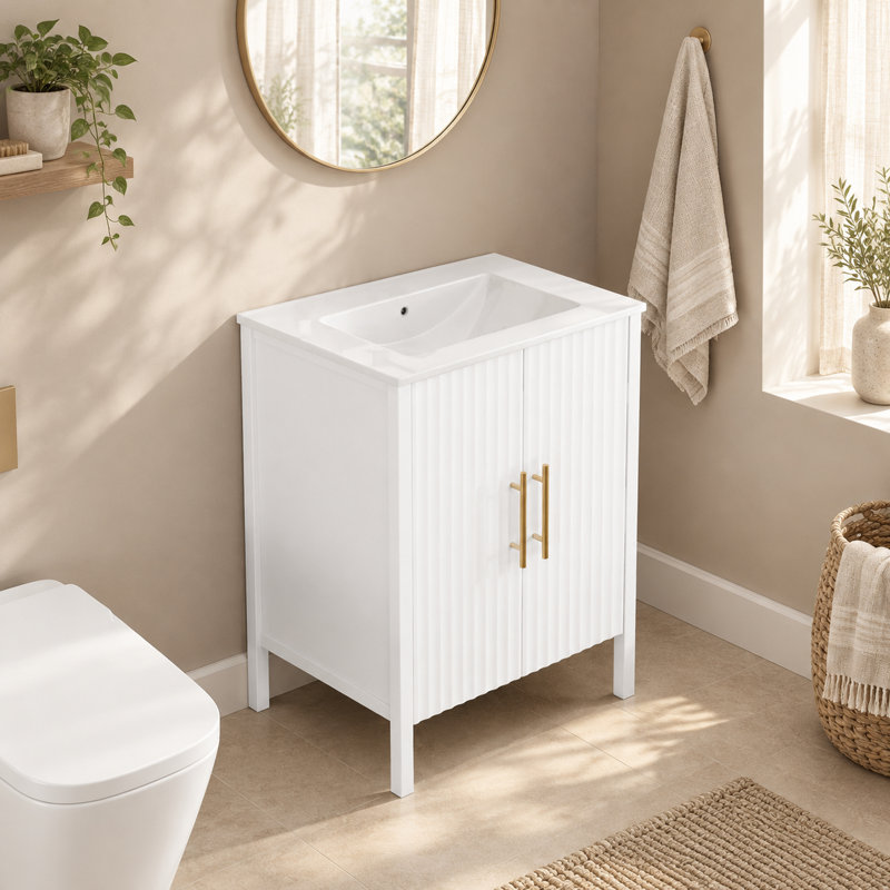Meuble-lavabo autoportant blanc de 61 cm (24 pouces) avec panneau de porte ondulé et poignées dorées