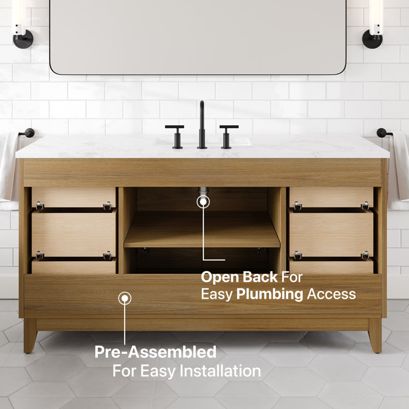 Burtch 60"W X 22"D Oak Bathroom Vanity With White Arabescato Engineered Stone Countertop And Undermount Ceramic Sink