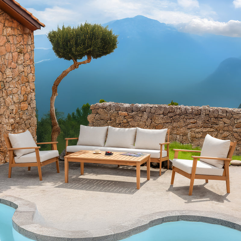Weslyn 5-Person Solid Wood Patio Conversation Set, 4 Pcs: 2 chairs, 51'W coffee table, and sofa.