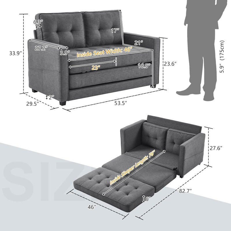 Canapé-lit en tissu d'ameublement de 53,54 po Hearco, Tissu gris